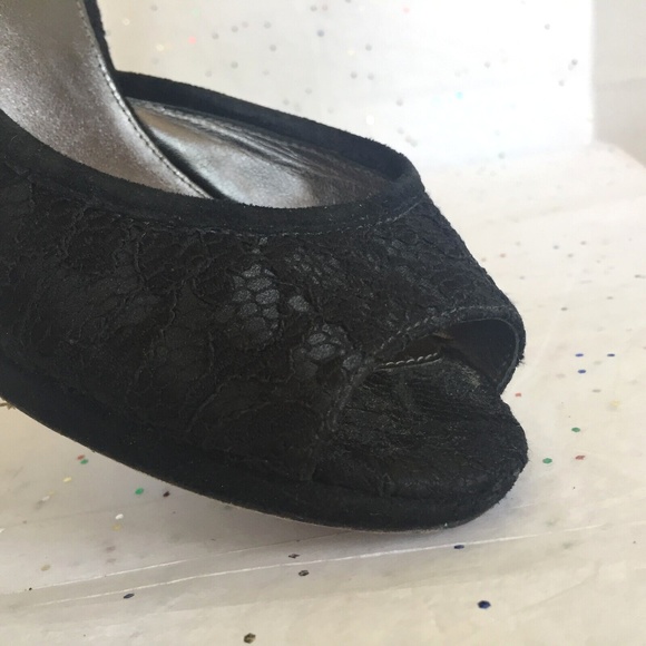 Via Spiga Black Lace D'orsay Platform Pump - Size 8.5 Medium Black Tie Peep Toe - Picture 3 of 12